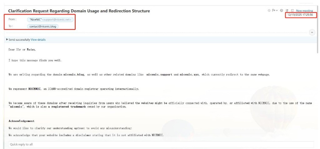 Screenshot of a clarification request email to contact@nicenic.blog